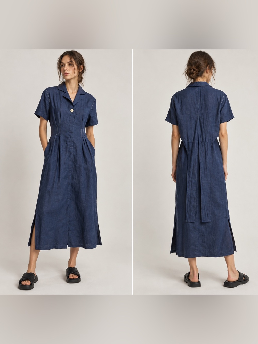 FRONTROW x Maison Marais Sablier Pleated Midi Shirt Dress Marine Blue S Linen